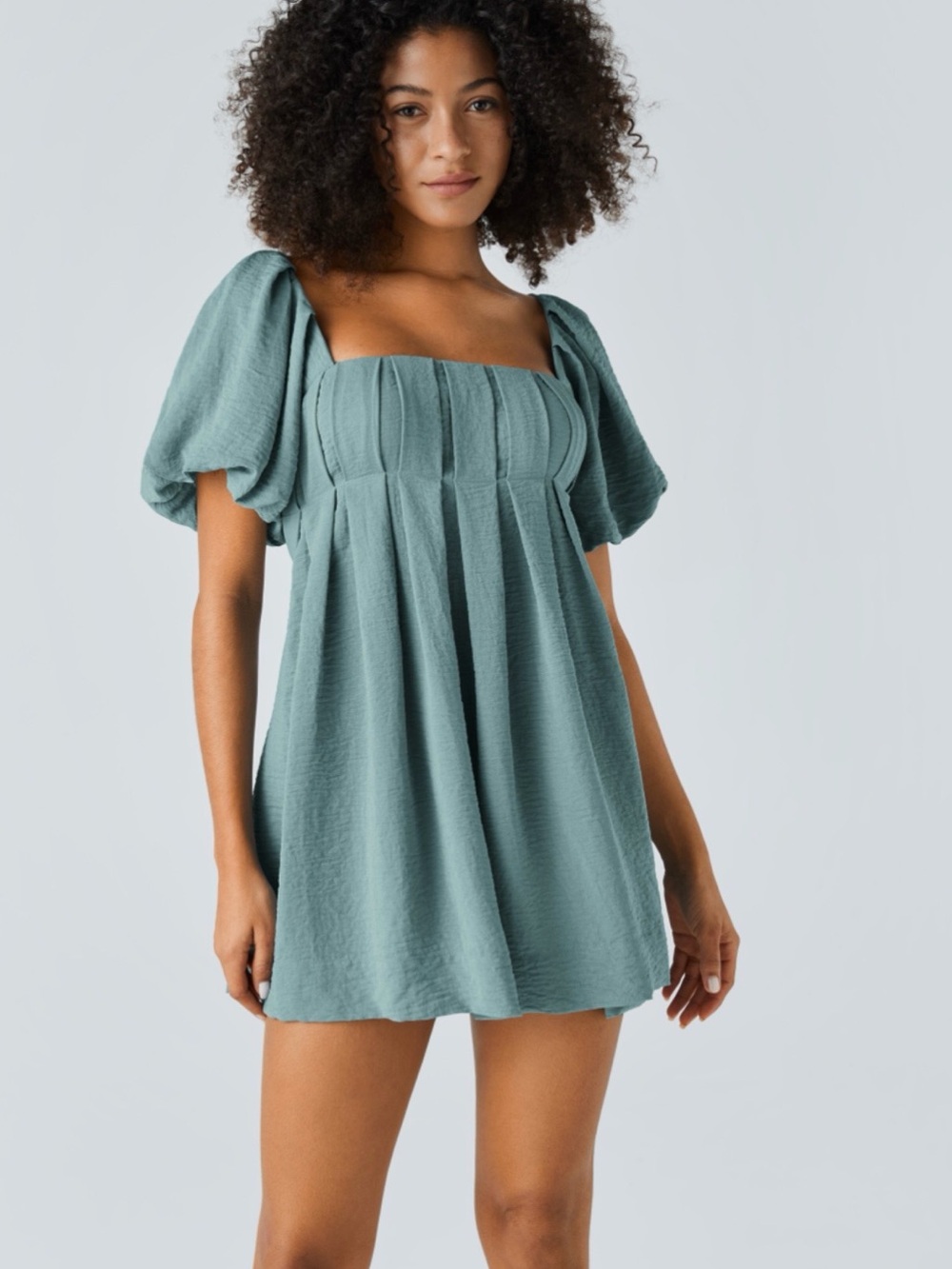 Halara Blue Solid Romper S Open Back Tie Pockets Puff Sleeve Square Neck